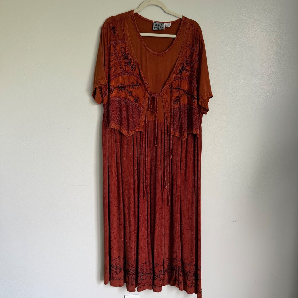 Vintage M.P.H. Terracotta Embroidered Rayon Maxi Dress 1X Boho Layered Tie Back